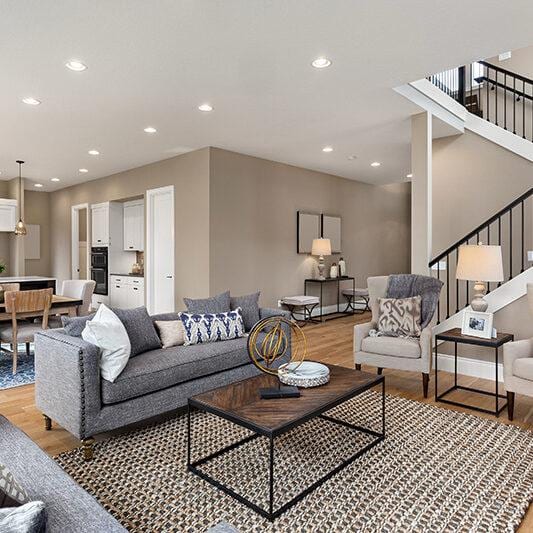 Living room with wood stove — residential clean